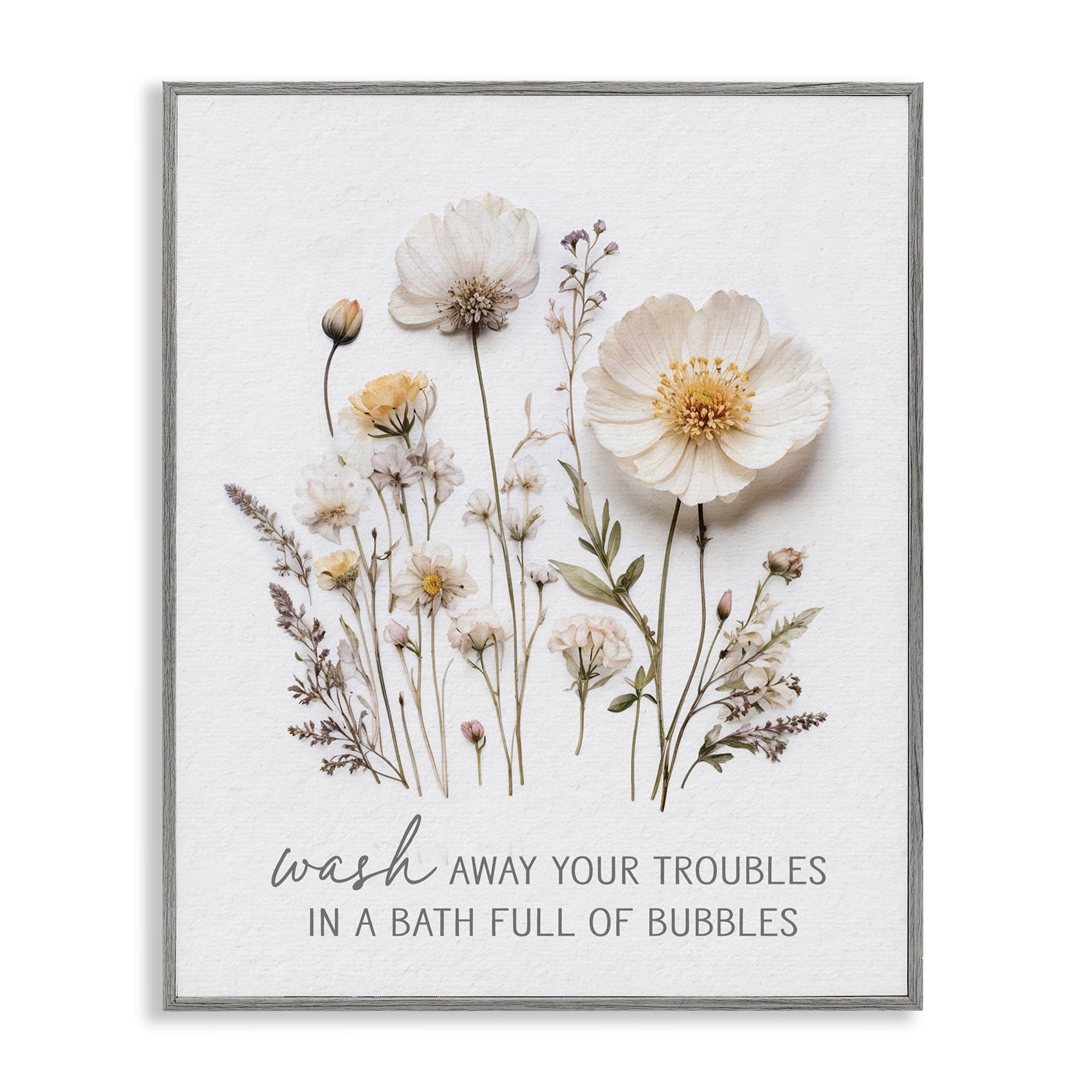 Pressed Flowers Wash Away Troubles Gray Framed Giclee Art, design by Lettered and Lined