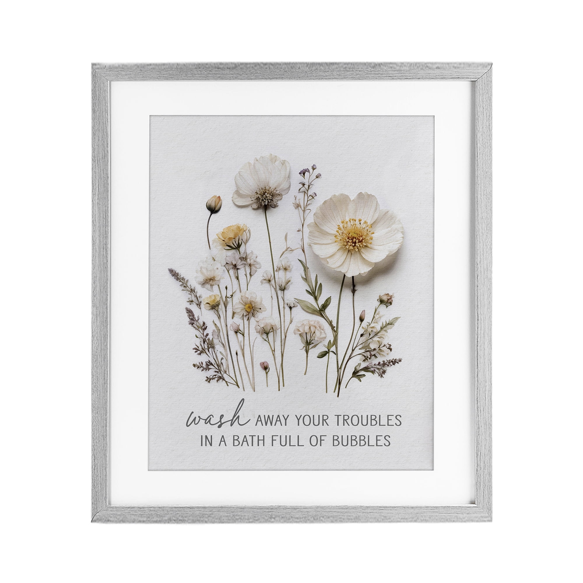 Pressed Flowers Wash Away Troubles Gray Framed Print Under Glass, design by Lettered and Lined