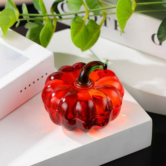 Pressed Glass Pumpkin Decorative Ornament with Realistic Texture - Thanksgiving Halloween Centerpiece for Home Office Desk(Red)