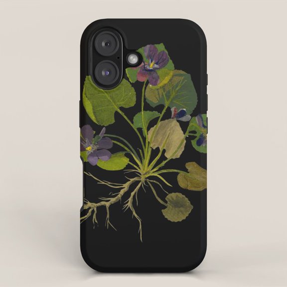 Pressed Violet Flowers and Botanical Roots Tough Case for Apple iPhone, Polycarbonate and TPU, Black and Green