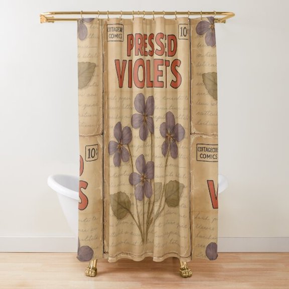 Pressed Violets Botanical Shower Curtain, Beige, Purple and Coral Red, 100% Polyester, Cottagecore Bathroom Decor