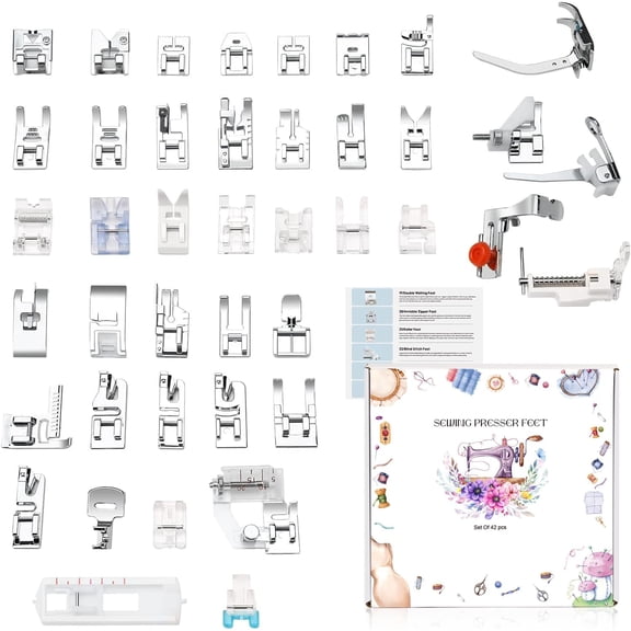 Presser Foot Set 42Pcs, Sewing Machine Presser Feet Kit Accessories with Manual for Brother, Babylock, Singer, Elna, Toyota, New Home, Simplicity, Necchi, Kenmore Low Shank Machines