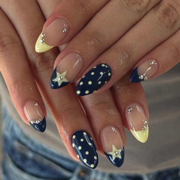 Presses On Nails Blue Yellow Starry French Tips Flexible ABS Artificial Nails For Daily Wear Evening Parties