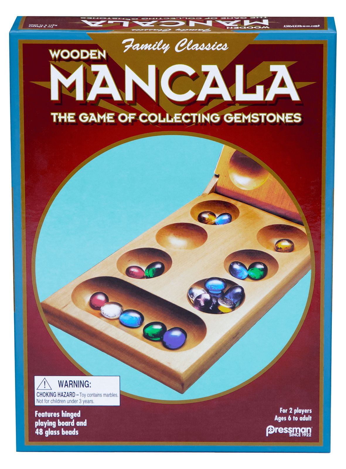WYZworks Mancala Board Game Wood 48 Glass Stones Family Fun Game