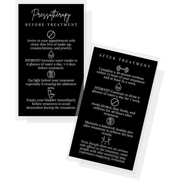 Pressotherapy Pre/Post Care Instructions Card  50 Pack  2x3.5 inch Business Card Size  Lymphatic Drainage  Cellulite Reduction  Black Card Design