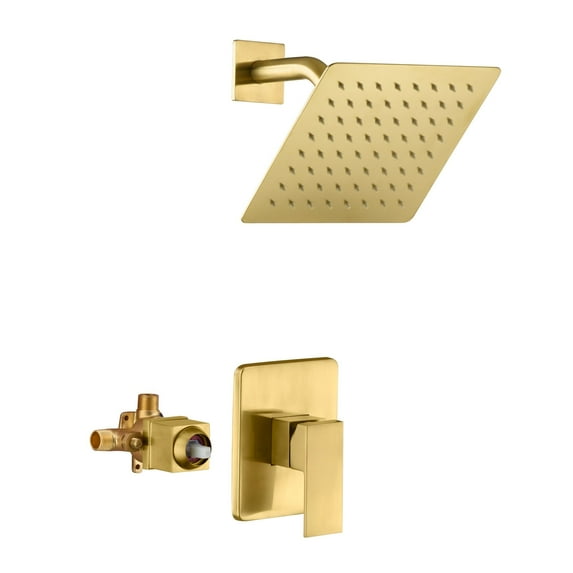 Sumerain Pressure Balance Shower Faucet Set Brushed Gold Finish, 8inch Square Rainfall Shower Head with Rough-In Valve Body and Trim