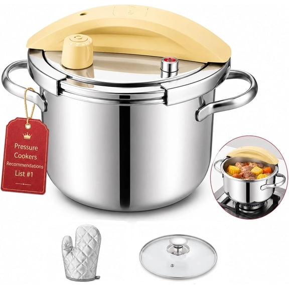 Pressure Cooker Stainless Steel, One Hand Lock Olla de Presion | 18/10 Stainless Steel, 8 Safety Lock System, Fast Cooking, Dishwasher Safe, Adjustable Steam Valve, Ideal Chef Gift(4L,Yellow)