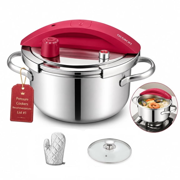 Pressure Cooker Stainless Steel, Small One Hand Locking Olla de Presion | 18/10 Grade Metal, 8 In 1 Security System, Quick Meal Preparation, Easy Wash Dishwasher Friendly, Adjustable Valve Chef Gifts