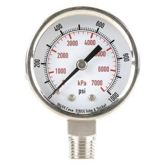 Commercial Pressure Gauge, 0 to 1,000 psi, 2 in Dial, 1/4 in NPT, Bottom Location