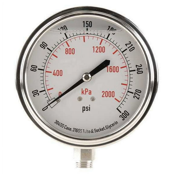 Pressure Gauge, 0 to 300 psi, 1/4 in MNPT, Stainless Steel, Silver(4CFK3)