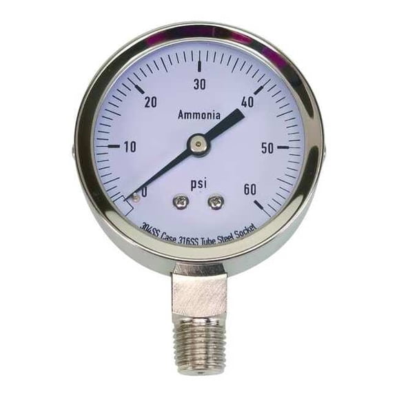 Commercial Pressure Gauge, 0 to 60 psi, 2 1/2 in Dial, 1/4 in NPT, Bottom Location