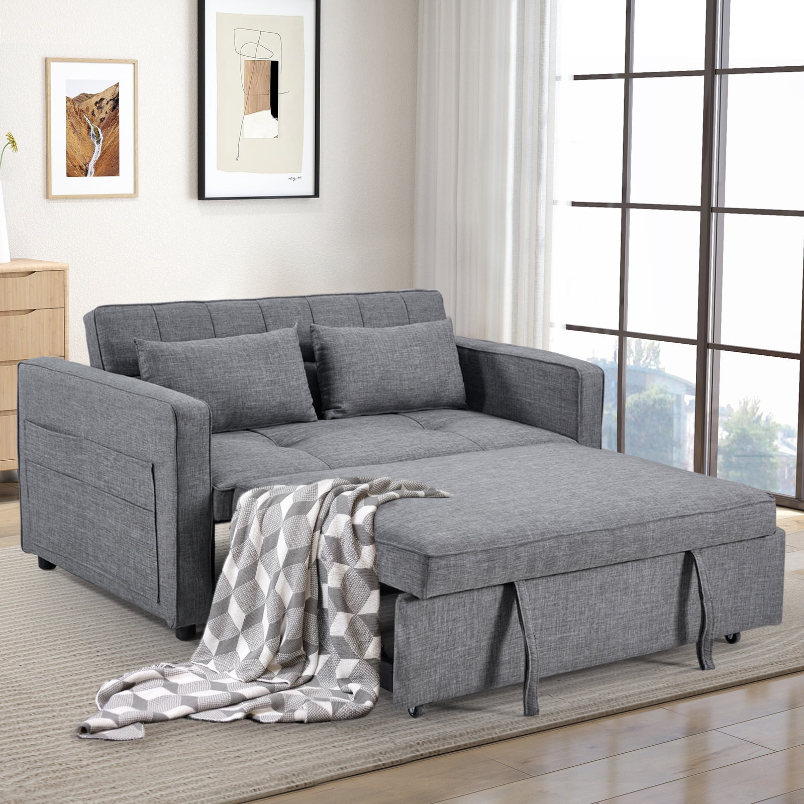 Bonzy Home Folding Convertible Loveseat Sofa Bed, Gray - 3-in-1 Pull Out Couch with Adjustable Backrest, Multi-Functional Sleeper Sofa for Living Room, Apartment, Small Space
