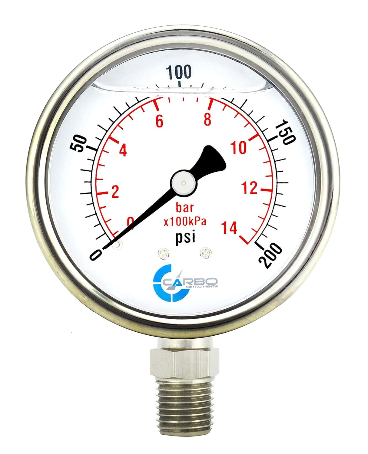 Pressure Gauge, Stainless Steel Case, Chrome Plated Brass Connection, Liquid Filled, 0200 psi