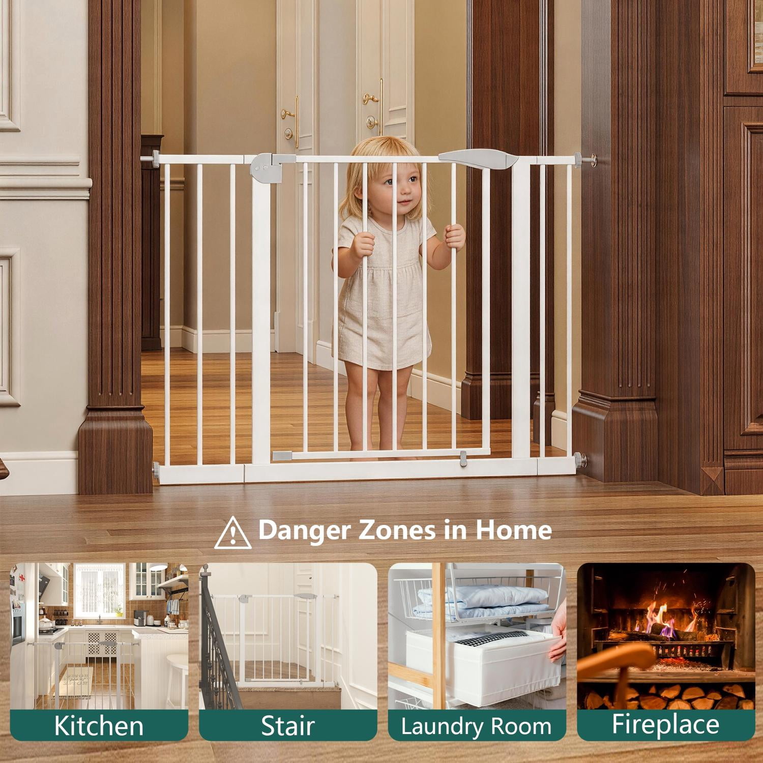 Pressure Mounted Baby Gate 29.5-44.1 Inch for Stairs and Doorways, Safety Gate and Pet Gate for Kids and Dogs with Walk-Through Design, White