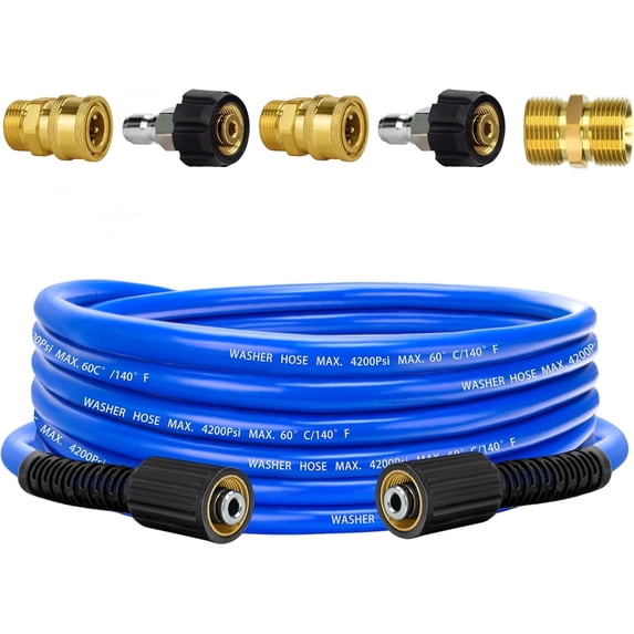 Pressure Power Washer Hose 25 FT x 1/4", Super Flexible Kink Resistant Car Washer Replacement with M22 Fittings & 3/8" Quick Connect Adapters , 4200PSI