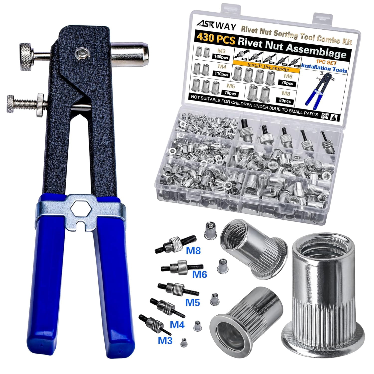 Pressure Rivet Nut Tool Kit, 430Pcs Aluminum Rivet Nut Combination (M8/M6/M5/M4/M3), Suitable for Furniture, Decoration, Automotive, Marine and Industrial Applications