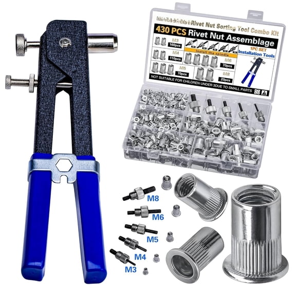 Pressure Rivet Nut Tool Kit, 430Pcs Metric Rivet Nut Combination (M8/M6/M5/M4/M3), Suitable for Furniture, Decoration, Automotive, Marine and Industrial Applications