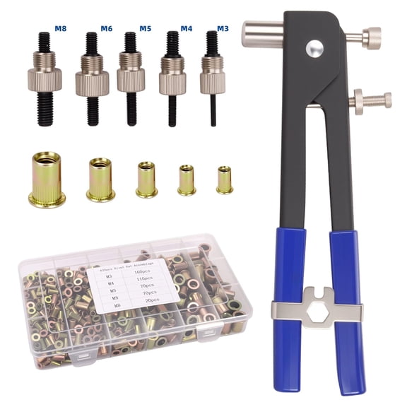 Pressure Rivet Nut Tool Kit, 430Pcs Metric Rivet Nut Rivet Combination(M3 M4 M5 M6 M8) Carbon Steel Rivet Nuts for Metal Sheet, Automotive, Marine, Furniture & Home Appliances(Gold)