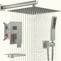 Pressure Shower System with Tub Spout, Handheld Spray Combo & Rainfall Shower Head, Bathroom Faucet Set Wall Mounted, Includes Rough-in Valve Body and Trim, Brushed Nickel, 10 Inch