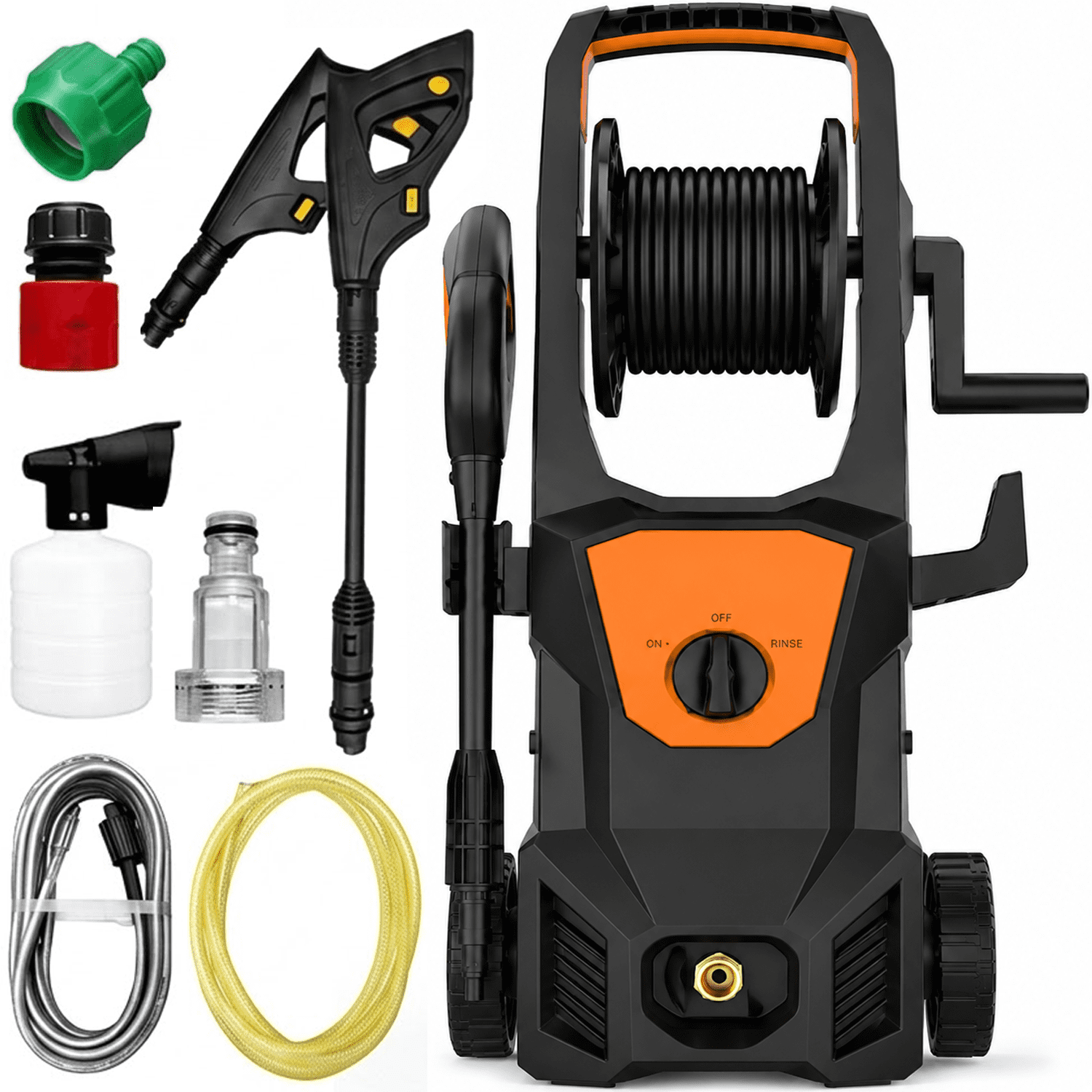 Electric Pressure Washer, 1600W Portable Power Washer with Hose Reel, Foam Cannon, Spray Gun, 7M High Pressure Hose & Quick Connect Kit, Pressure Washer Electric for Cars, Driveways, Patios &