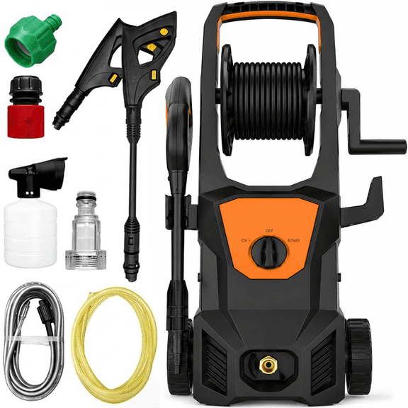Electric Pressure Washer, 1600W Portable Power Washer with Hose Reel, Foam Cannon, Spray Gun, 7M High Pressure Hose & Quick Connect Kit, Pressure Washer Electric for Cars, Driveways, Patios &
