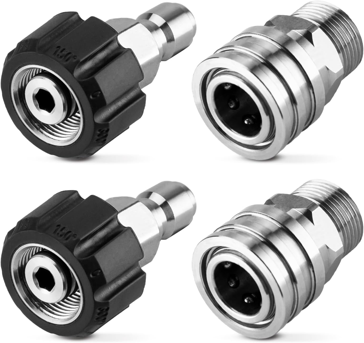 Pressure Washer Adapter Set Stainless Steel Pressure Washer Quick Connect Kit M22 14mm to 3/8 Inch Quick Connect Swivel Fittings, 4 Pack