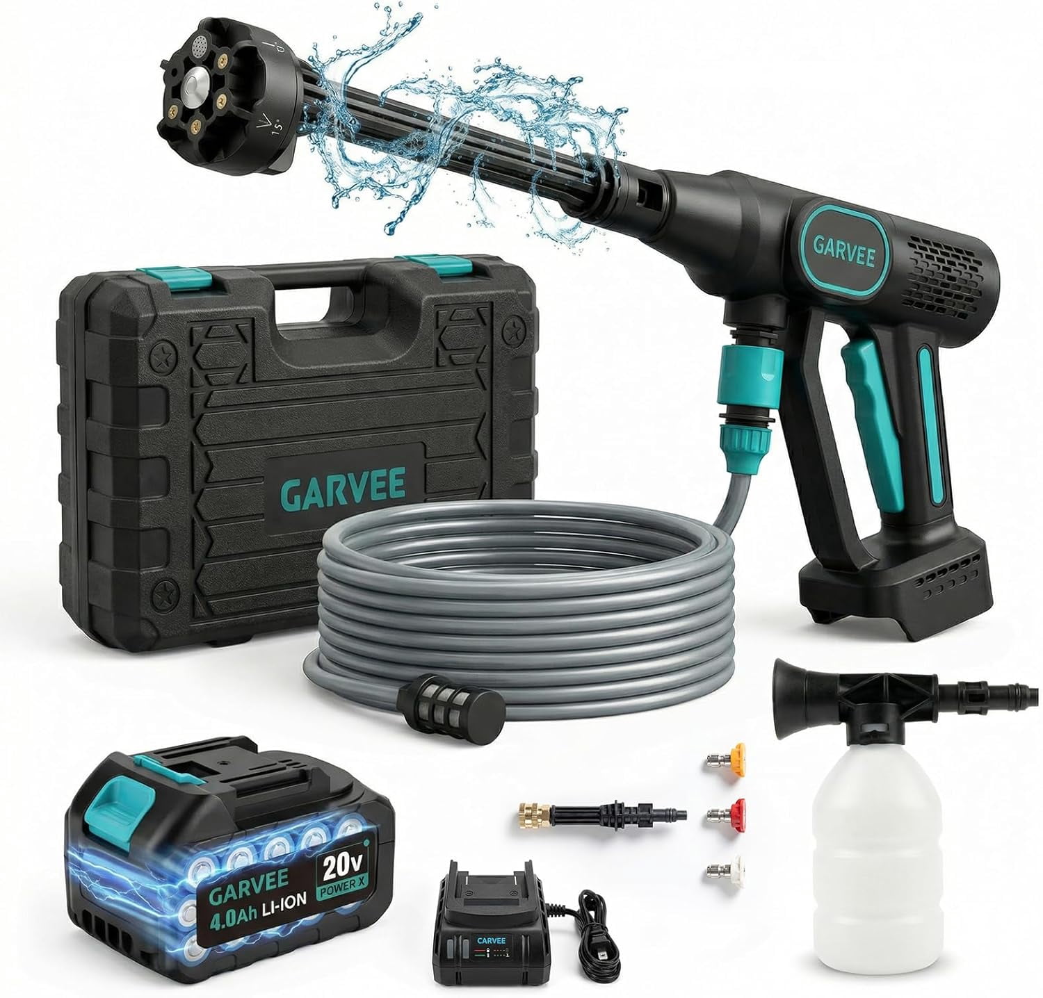 Pressure Washer Battery Powered Cordless with 6-in-1 Nozzle, 26FT High-Elastic Hose, 20 V Battery & Charger; Portable Handheld Cleaner for Home, Car, Garden