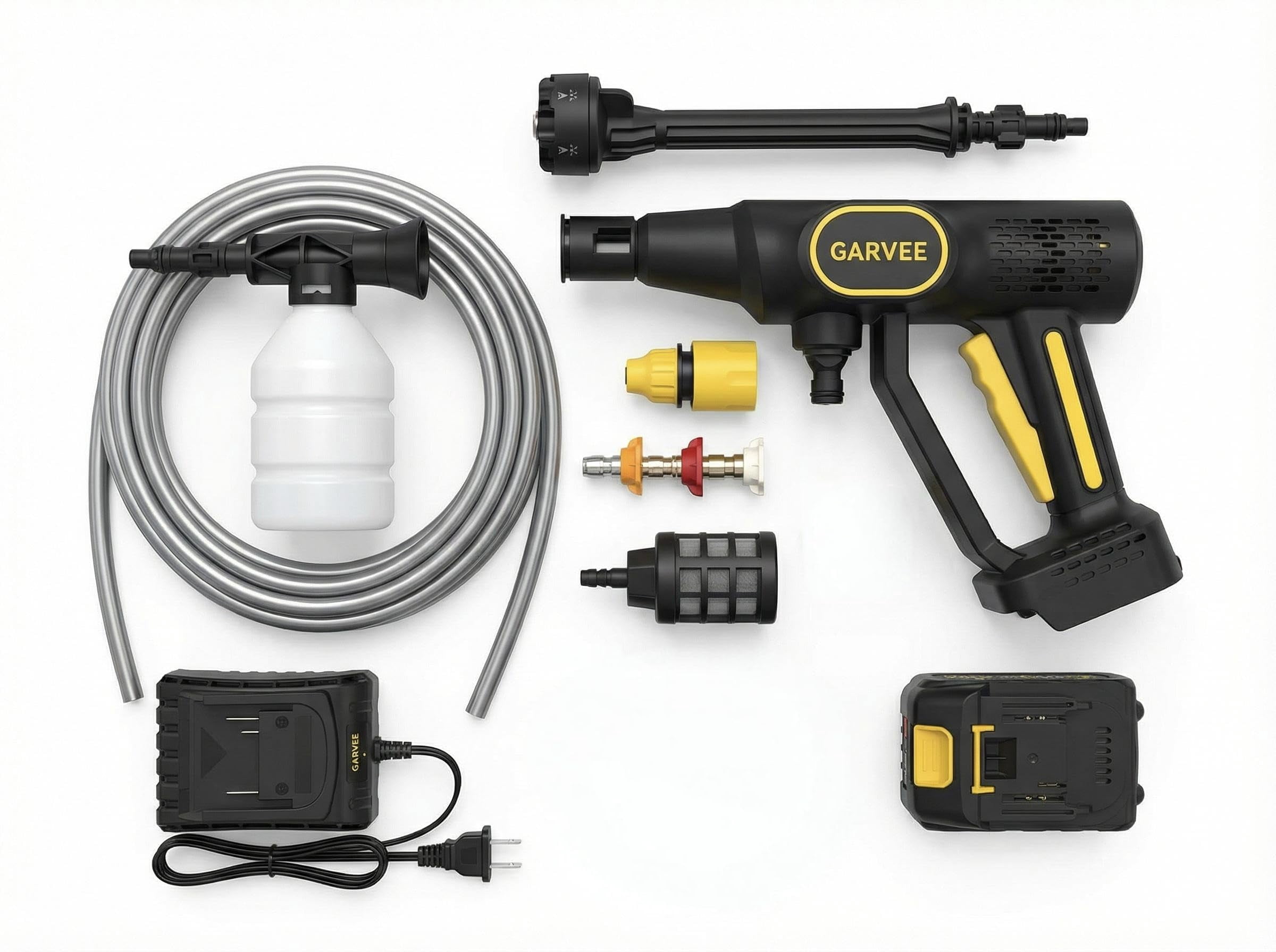 Pressure Washer Battery Powered Cordless with 6-in-1 Nozzle 26FT High-Elastic Hose 20 v & Charger Portable for Cars Driveways Patios Outdoor Cleaning