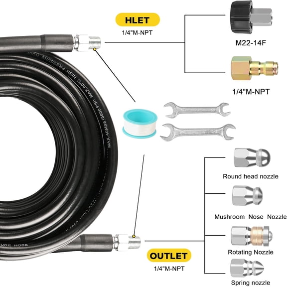 Pressure Washer Drain Jetter – Sewer Jetter Kit for Pressure Washer 100ft 1/4 Inch NPT Hose Nozzles and Adapter 5800PSI Clears Clogs in Pipes & Sewer Lines
