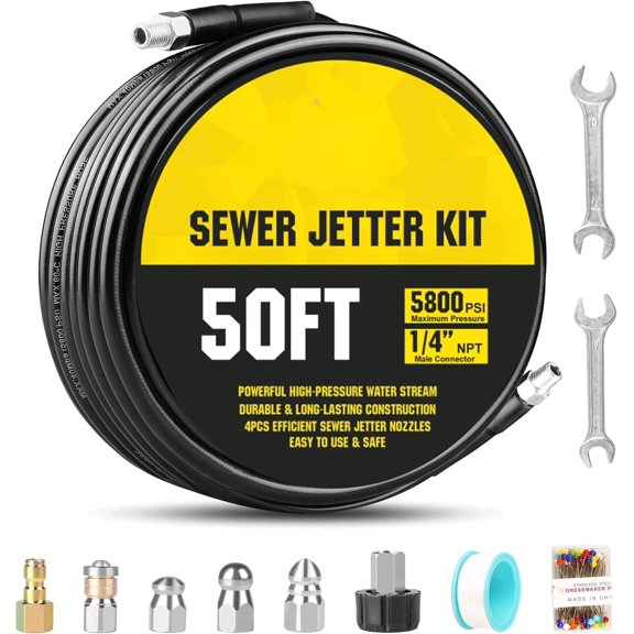 Pressure Washer Drain Jetter Sewer Jetter Kit for Pressure Washer 50ft 1/4 Inch NPT Hose Nozzles and Adapter 5800PSI Clears Clogs in Pipes & Sewer Lines$$Tools