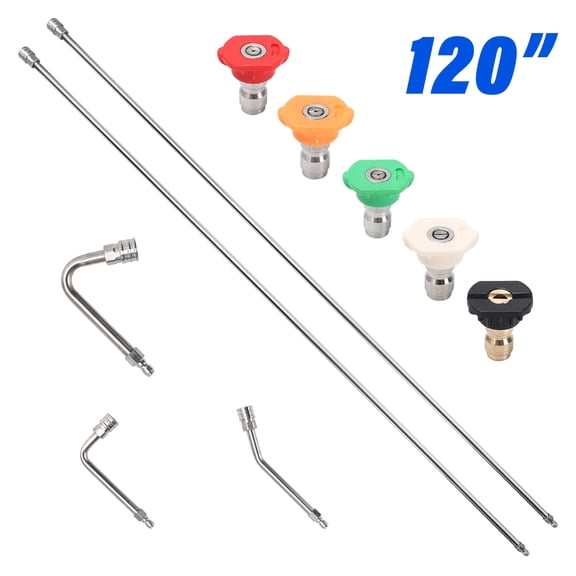Pressure Washer Extension Wand, 120" Stainless Steel Power Washer Lance (2 x 60") with 30°/90°/120° Curved Rods, 5 Spray Nozzle Tips, 1/4" Quick Connect, 4000 PSI Heavy Duty Replacement Wand