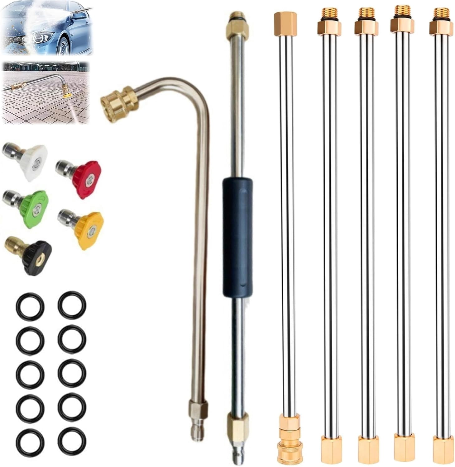 Pressure Washer Extension Wand for Gutter Cleaning, 120 Inch Telescoping Wand with 6 Spray Nozzle Tips, 3 Curved Rod Attachments, 1/4 Quick Connect, 4000 PSI（7Pcs）