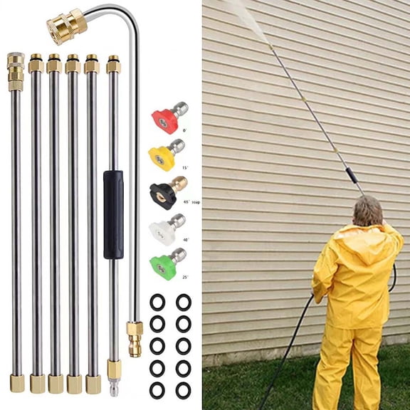 Pressure Washer Extension Wand Kit 4000 PSI Retractable Telescopic Stainless Steel & Brass | 7 Ft Reach | 6 Straight Rods 1 Curved Rod | 5 Spray Nozzles | Gutter Roof Wall Drain Cleaner | High Temp