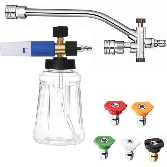 Pressure Washer Foam Cannon with Dual Connector Accessory, Adjustable Foam Blaster Double Tip Attachment Kit, 5 Power Washer Sprayer Nozzles, 1/4" Quick Connect(Q)