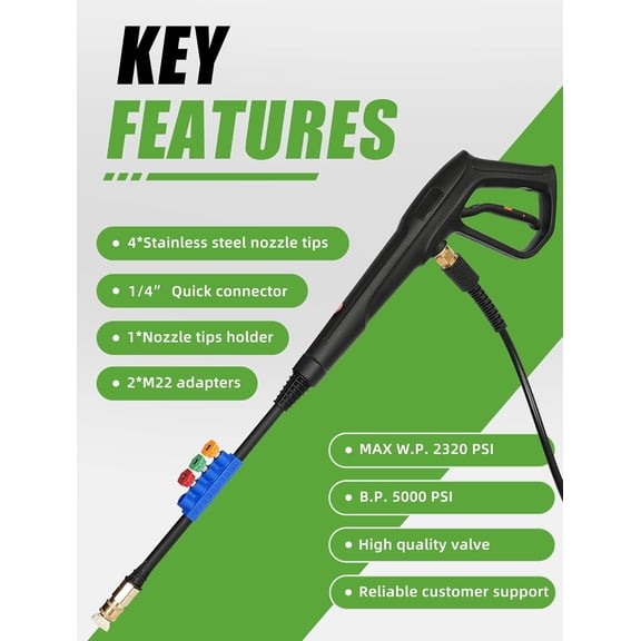 Pressure Washer Gun Set, Max W.P. 2320PSI, B.P. 5000PSI, Replacement for Ryobi Powerstroke Greenworks, M22-14mm & M22-15mm Fitting, 4 Stainless Steel Nozzle Tips & Holder$$Tools
