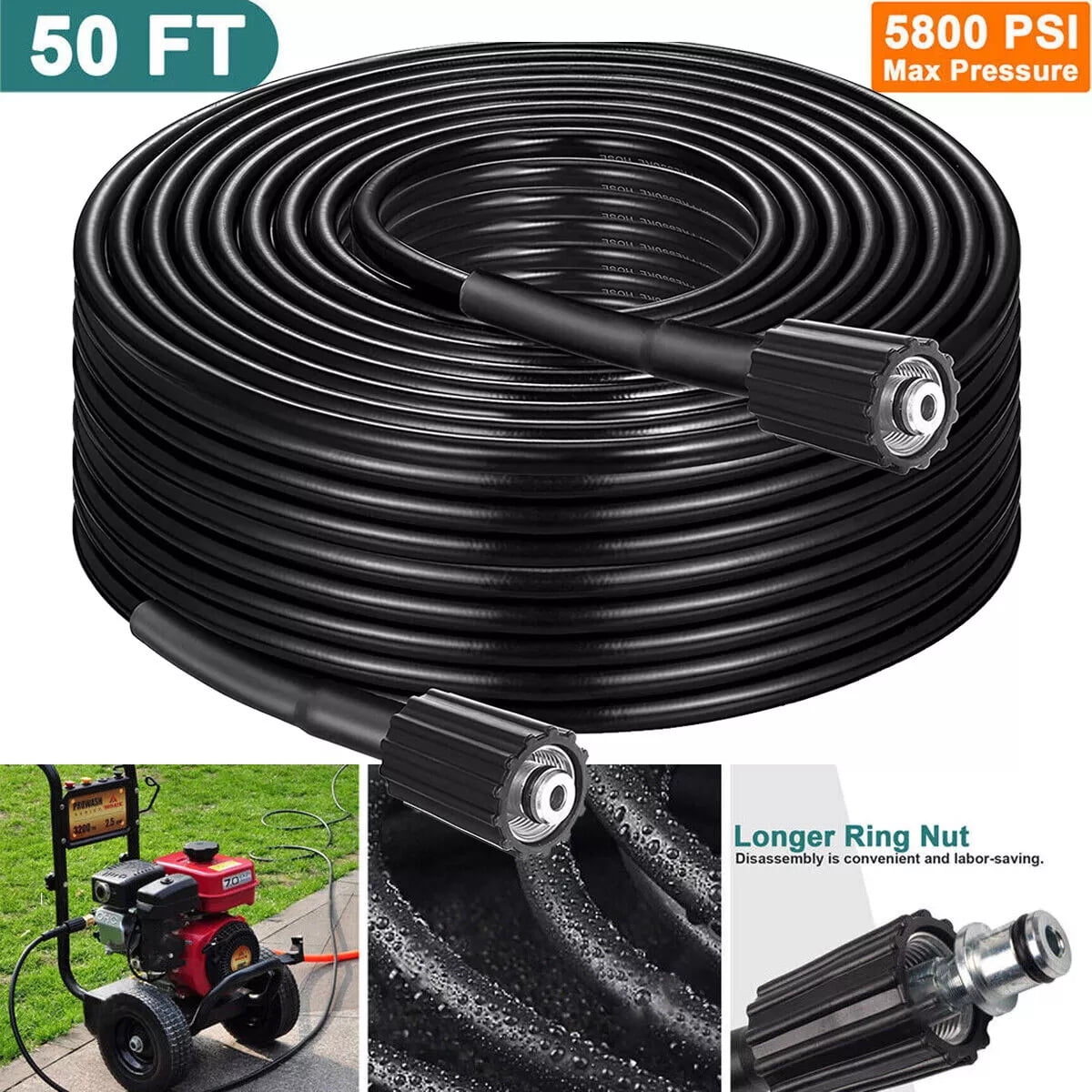 Pressure Washer Hose 50FT M22 Brass Fitting Power Washer Hose Replacement for Ryobi, Troy Bilt, Greenworks, Generac, CRAFTSMAN & More High PressureWashers