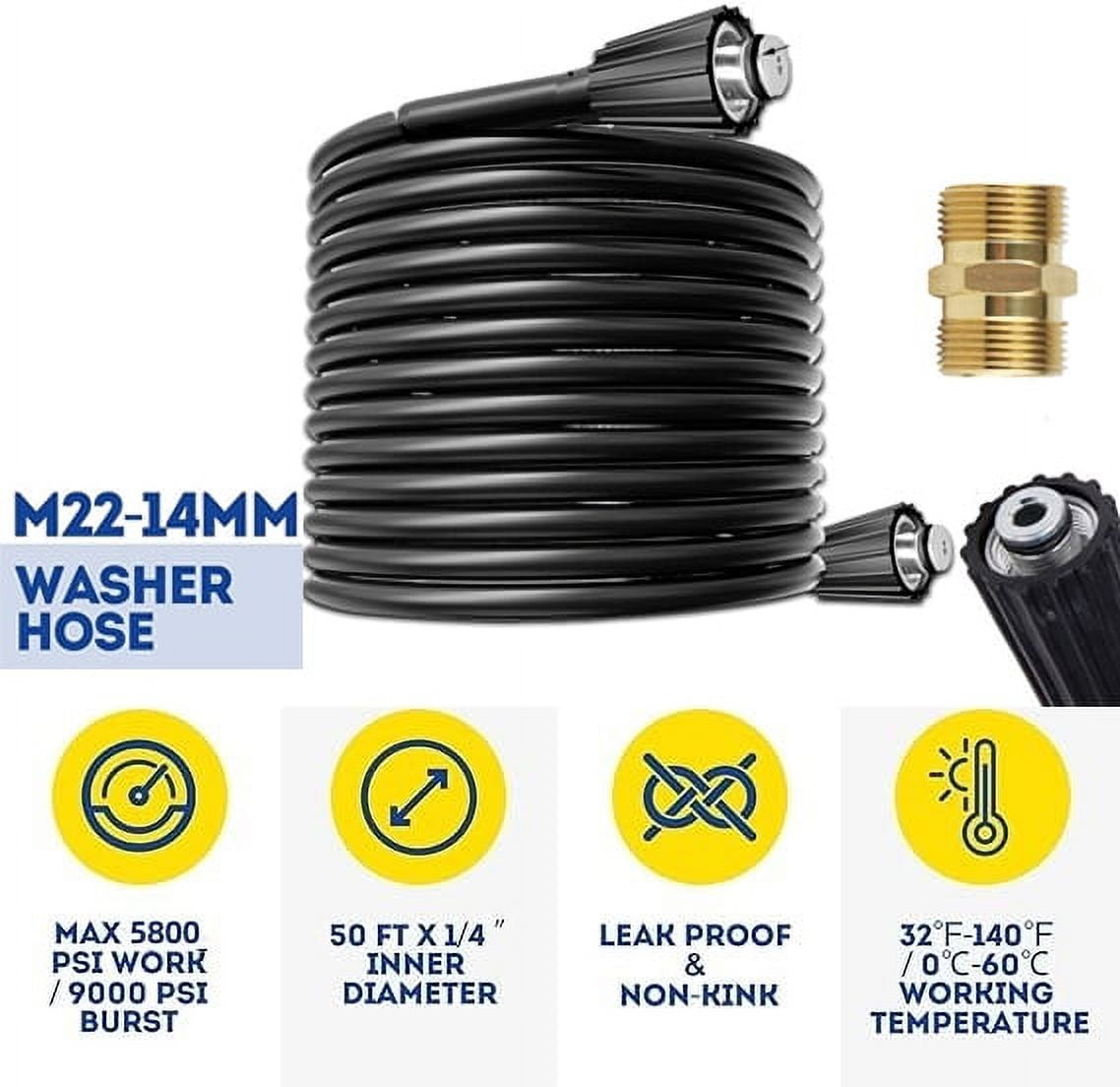 Pressure Washer Hose, 5800 PSI Hose for Power Washer,Ultra Flexible High  Pressure Car Wash 50 ft x 1/4 In M22-14mm Quick Connect Kit,Kink Resistant  Universal Electric Power Cleaning Hose 