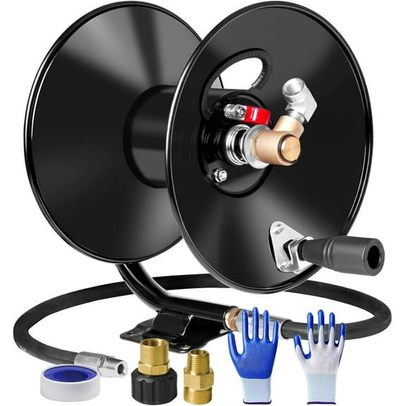 Pressure Washer Hose Reel 50ftx3/8 / 65ftx1/4, 4000PSI Heavy Duty Power Washer Hose Reel with M22-14 Fitting, Hand Crank Metal Reel with Wall/Trailer/Van Mount, Manual Hose Reel for Water