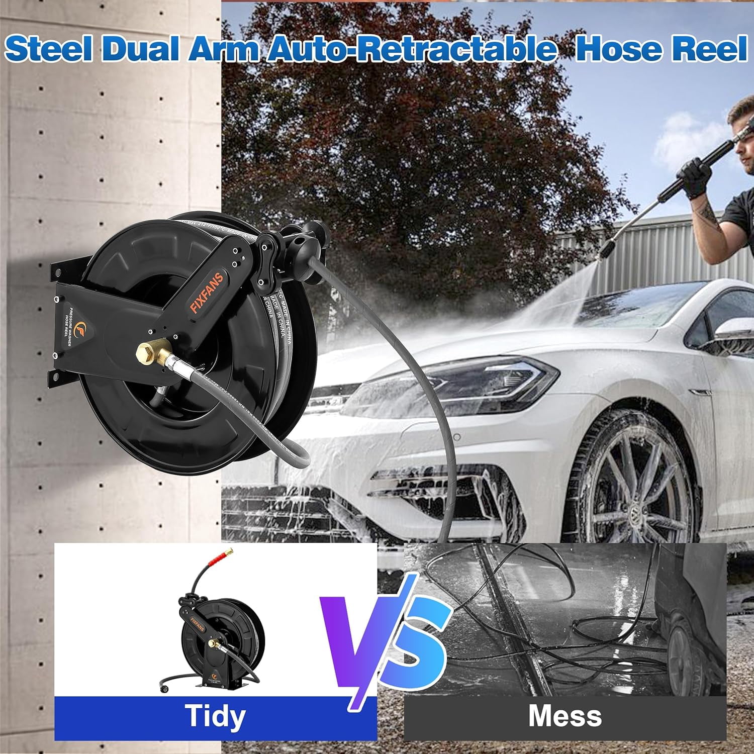 Pressure Washer Hose Reel with 3/8" X 50 FT Wire Braided Hose, Heavy ...