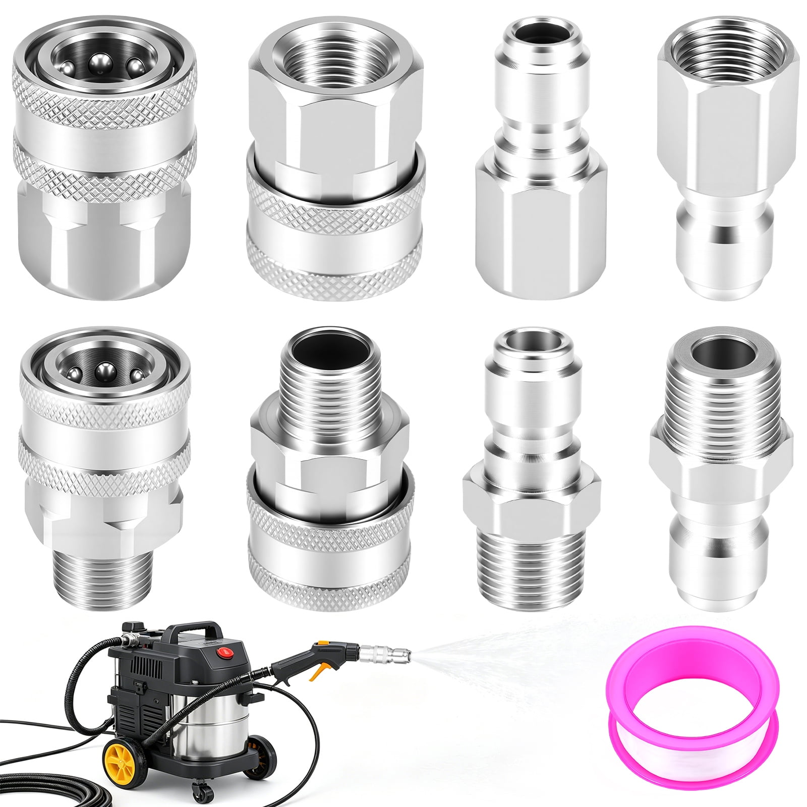 8 Pcs Pressure Washer Quick Connect Kit, 3/8 Inch NPT Stainless Steel Adapter Set, 5000 PSI High Pressure Fittings with Male/Female Threaded Plugs & Sockets, Leak-Free Design for Hose & Pump