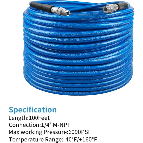 Pressure Washer Sewer Jetter Kit, 100 FT Drain Cleaning Hose, Rotating and Button Nose Sewer Jetting Nozzle,Orifice 4.0, 4.5, 1/4 Inch NPT, 6090 PSI