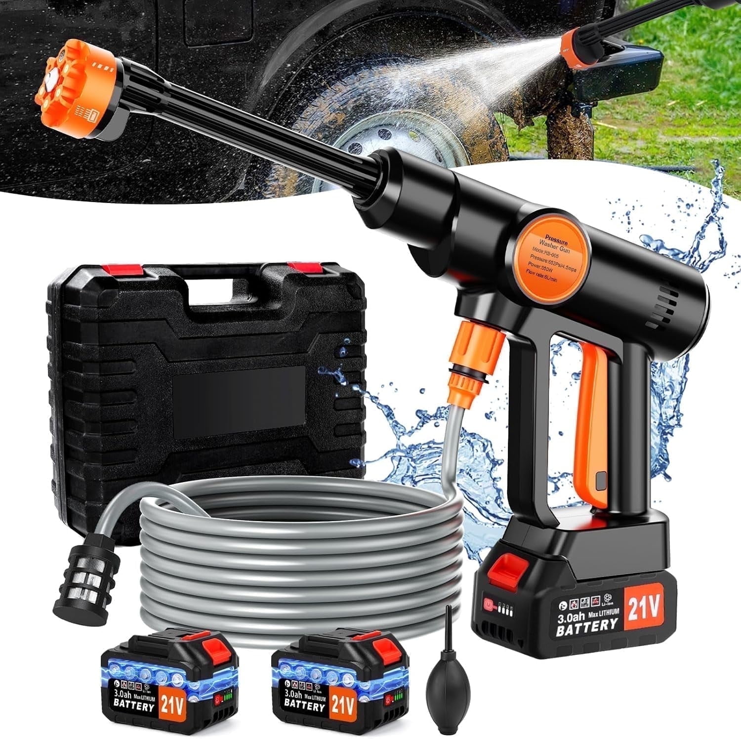Tanbaby 970PSI Cordless Pressure Washer, 550W 1.5GPM Portable Power Washer with 6-in-1 Adjustable Nozzle, 2×3.0Ah Battery Power Cleaner with 16.4ft Hose for Cars/Patios