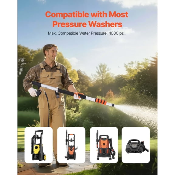 Pressure Washer Telescoping Wand,24 ft,4000 psi,Telescopic Spray Wand with Power Washer Extension Wands,Gutter Cleaner,Brush Head,Pivoting Coupler,7 Spray Nozzles&Support Harness