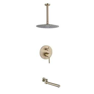 Pressured-Balanced Ceiling Mounted Round Rainfall Shower Head with Rotatable 180 Degree Tub Spout, Brushed Gold Complete Shower System with Rough-in Valve