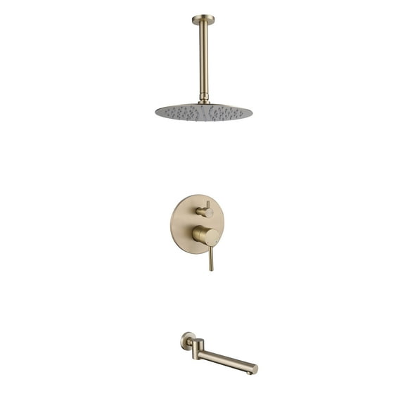 Pressured-Balanced Ceiling Mounted Round Rainfall Shower Head with Rotatable 180 Degree Tub Spout, Brushed Gold Complete Shower System with Rough-in Valve