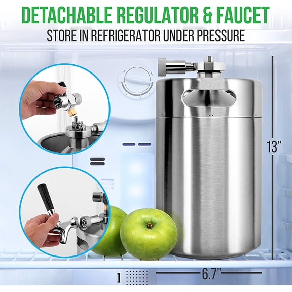 Pressurized Beer Keg System - 128oz Double-Walled Stainless Steel Growler Tap Portable Keg Dispenser Kegerator Kit w/ Co2 Regulator for Beer Draft/Homebrew