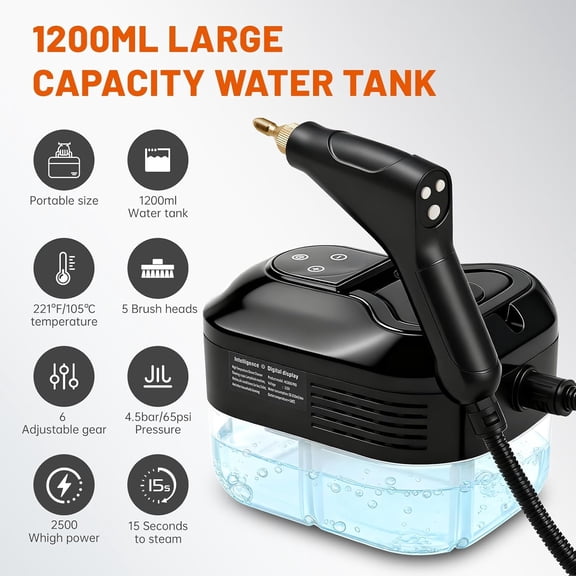 Pressurized Handheld Steam Cleaner, Portable Steamer with 1.2L , 15s Fast Heat-, 6-Level Adjustable for Home Car Kitchen Tile Grout