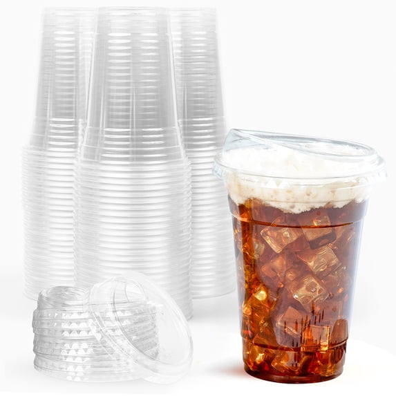 Prestee 100 Clear Cups with Lids, 16oz - Strawless Plastic Cups with Lids - Disposable Iced Coffee Cups - Clear Plastic Cups with Lids Bulk - Iced Coffee, Cold Brew, Smoothie for Christmas & Holiday