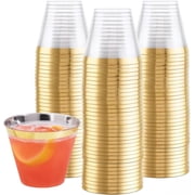 Prestee 100-Pack Gold Rimmed Plastic Cups 9 oz Disposable Wine Glasses for Weddings, Parties, and Events - Elegant Cocktail and Drinking Cups for Champagne, Martini, and Mocktails