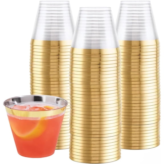Prestee 100-Pack Gold Rimmed Plastic Cups 9 oz Disposable Wine Glasses for Weddings, Parties, and Events - Elegant Cocktail and Drinking Cups for Champagne, Martini, and Mocktails